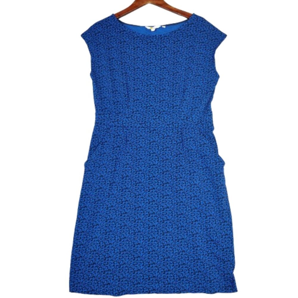 Boden Shift Dress Womens 14 Regular Blue Black Printed Florrie Jersey Cap Sleeve